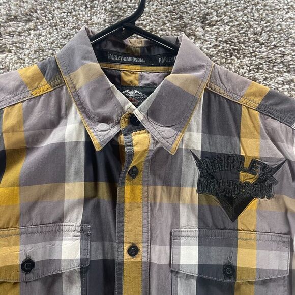Harley Davidson Shirt Adult Medium Grey Yellow Plaid Dutton Up Casual Mens Patch - Picture 2 of 13